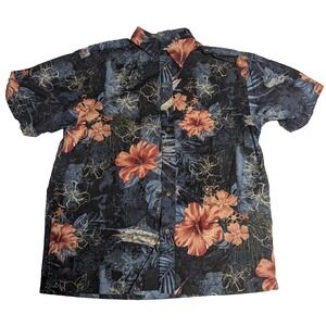 REEL LEGENDS Floral Swordfish‎ Print Men Large Black Cotton Blend Hawaiian Shirt